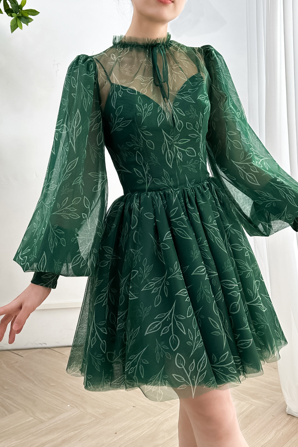 Long Sleeves Dark Green High Neck Floral Print Mini Dress THEGIRLSOUTFITS Long Sleeves Dark Green High Neck Floral Print Mini Dress THEGIRLSOUTFITS