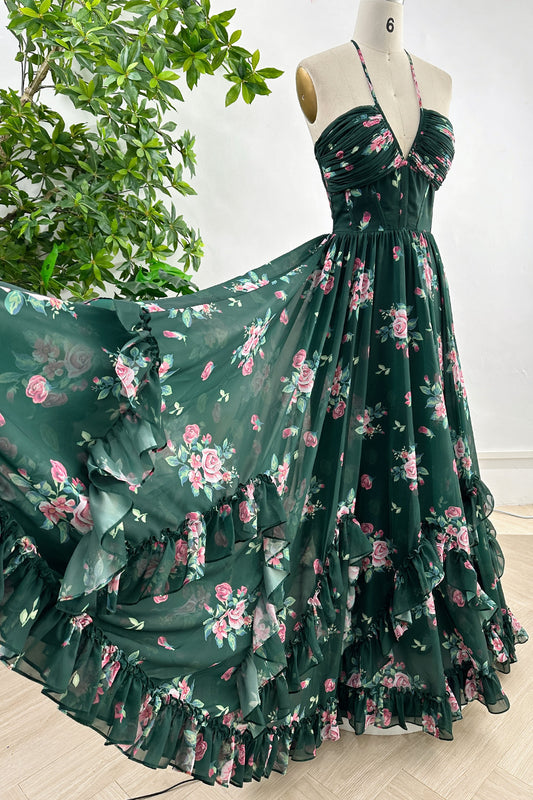 Halter V Neck Corset Floral Print Chiffon Dark Green Dress