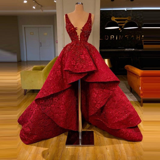 High Low Appliques Deep V-Neck Ruffles - THEGIRLSOUTFITS