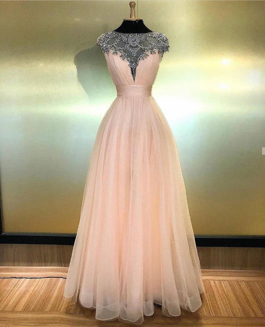 Blush Pink Long Crystals Tulle A Line - THEGIRLSOUTFITS