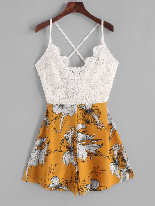 Knotted Back Lace Panel Floral Cami Romper - THEGIRLSOUTFITS