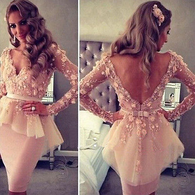V Neck Long Sleeves Lace Flowers Peplum - THEGIRLSOUTFITS