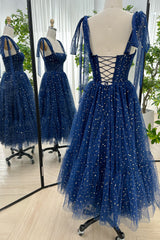 Dark Navy Tulle Sweetheart Midi Formal Dress with Removable Straps