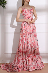 Spaghetti Straps Corset Floral Chiffon Dress with Slit