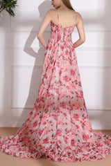 Spaghetti Straps Corset Floral Chiffon Dress with Slit