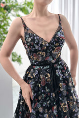 Straps V Neck Beaded Sequin Floral Black Dress
