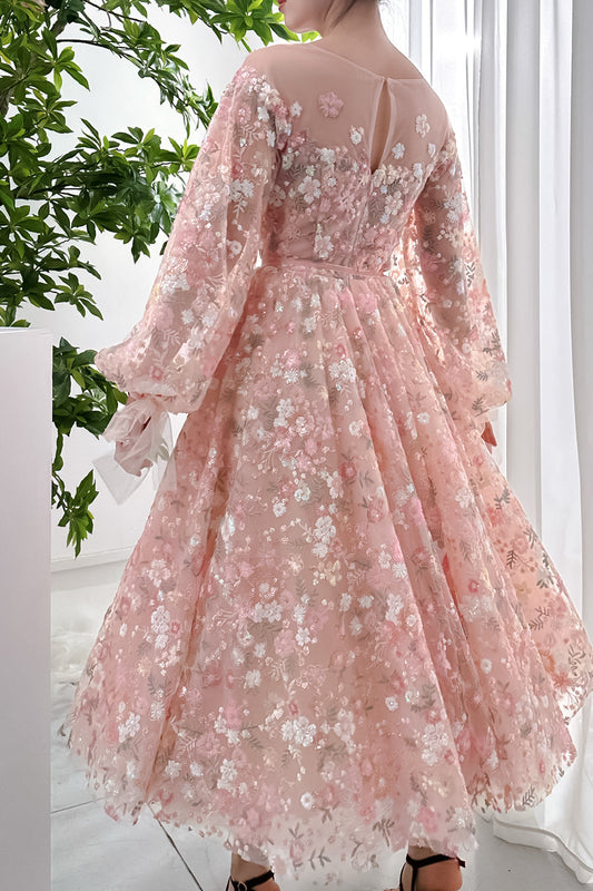 long Sleeves Illusion Boat Neck Sequin Floral Dress