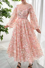 long Sleeves Illusion Boat Neck Sequin Floral Dress