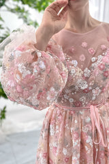 long Sleeves Illusion Boat Neck Sequin Floral Dress