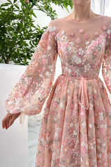 long Sleeves Illusion Boat Neck Sequin Floral Dress