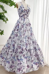 Hatler Straps Corset Floral Chiffon Dress with Lace Up Back