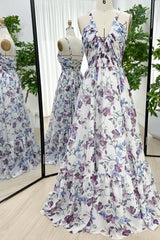 Hatler Straps Corset Floral Chiffon Dress with Lace Up Back