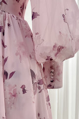 One Shoulder Long Sleeves Floral Print Chiffon Dress with Side Slit