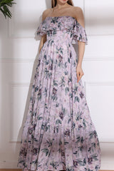 Off the Shoulder Corset Floral Print Chiffon Tiered Dress