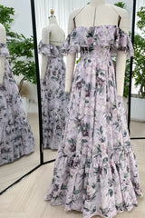Off the Shoulder Corset Floral Print Chiffon Tiered Dress