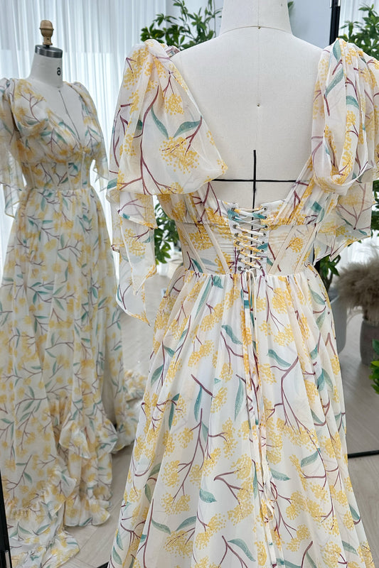 Infinity Corset Floral Print Chiffon Long Dress with Slit