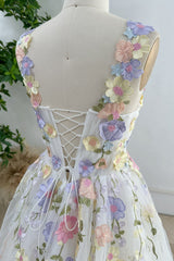 Embroidery Floral Corset Ivory Mini Dress with Removable Straps