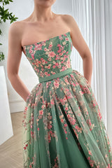 Sage Green Tulle with Pink Floral Embroidery Fabric