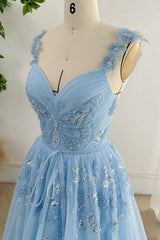 V Neck Beaded Butterfly Sky Blue Long Dress