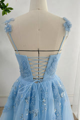 V Neck Beaded Butterfly Sky Blue Long Dress