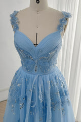 V Neck Beaded Butterfly Sky Blue Long Dress