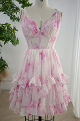 Infinity Corset Floral Print Chiffon Mini Dress with Ruffles