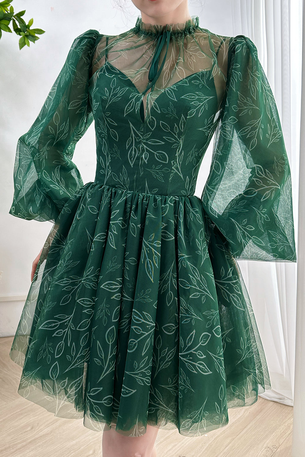 Long Sleeves Dark Green High Neck Floral Print Mini Dress THEGIRLSOUTFITS Long Sleeves Dark Green High Neck Floral Print Mini Dress THEGIRLSOUTFITS