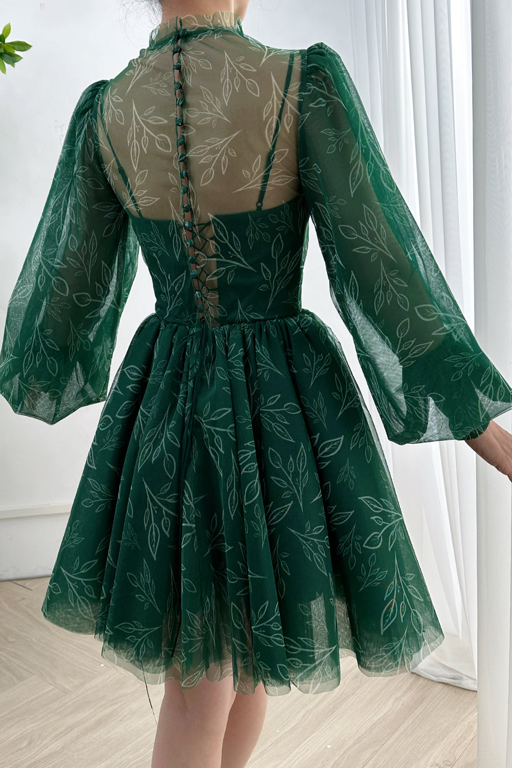 Long Sleeves Dark Green High Neck Floral Print Mini Dress THEGIRLSOUTFITS Long Sleeves Dark Green High Neck Floral Print Mini Dress THEGIRLSOUTFITS