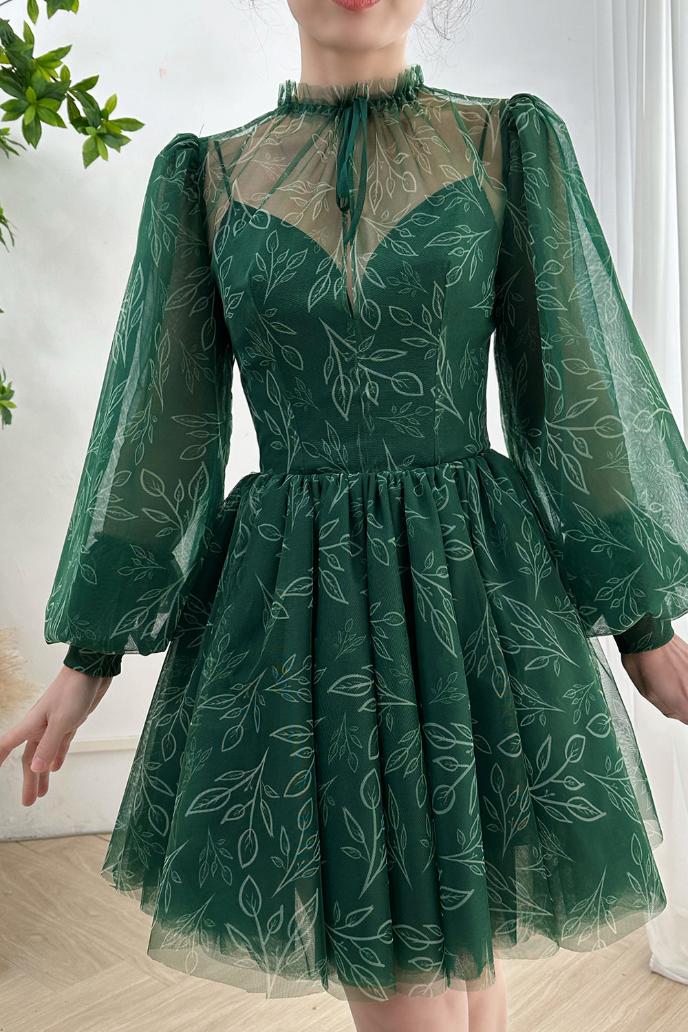 Long Sleeves Dark Green High Neck Floral Print Mini Dress THEGIRLSOUTFITS Long Sleeves Dark Green High Neck Floral Print Mini Dress THEGIRLSOUTFITS