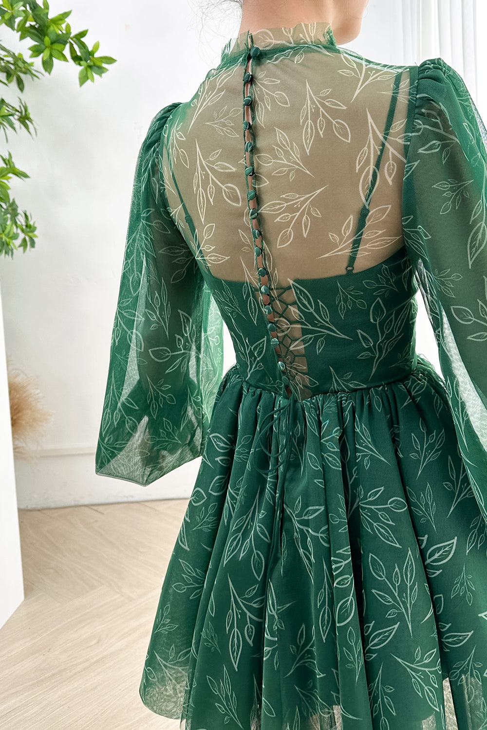 Long Sleeves Dark Green High Neck Floral Print Mini Dress THEGIRLSOUTFITS Long Sleeves Dark Green High Neck Floral Print Mini Dress THEGIRLSOUTFITS