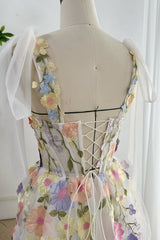Embroidery Floral Corset Ivory Dress with Removable Tie Straps