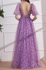 Puff Sleeves V Neck Lavender Floral Print Tulle Dress