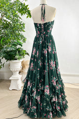 Halter V Neck Corset Floral Print Chiffon  Dark Green Dress