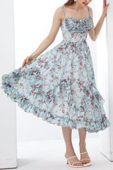 Spaghetti Straps Corset Floral Print Chiffon Dress