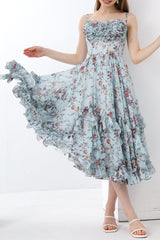 Spaghetti Straps Corset Floral Print Chiffon Dress
