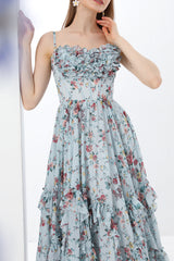 Spaghetti Straps Corset Floral Print Chiffon Dress