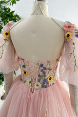 Strapless Corset Floral Applique Dress with Removable Puff Sleeves