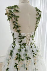 Strapless Leaf Embroidered Midi Dress with removable Straps