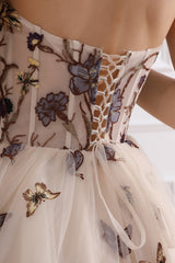 Strapless Corset Floral Butterfly Embroidery Midi Dress