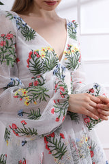 V Neck Colorful Floral Net Dress with Long Puff Sleeves