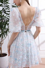 V Neck Sky Blue Floral Beaded Dress with Short Puff Sleeves