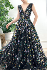 Sleeveless V Neck Colorful Sequin Floral Black Dress