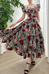 Short Sleeves O Neck Rose Embroidery Midi Dress
