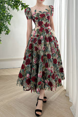 Short Sleeves O Neck Rose Embroidery Midi Dress
