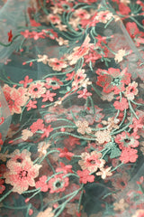 Sage Green Tulle with Pink Floral Embroidery Fabric