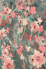 Sage Green Tulle with Pink Floral Embroidery Fabric