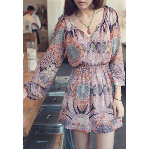 Printed Mini Chiffon Long Sleeve Dress - ONE SIZE - THEGIRLSOUTFITS