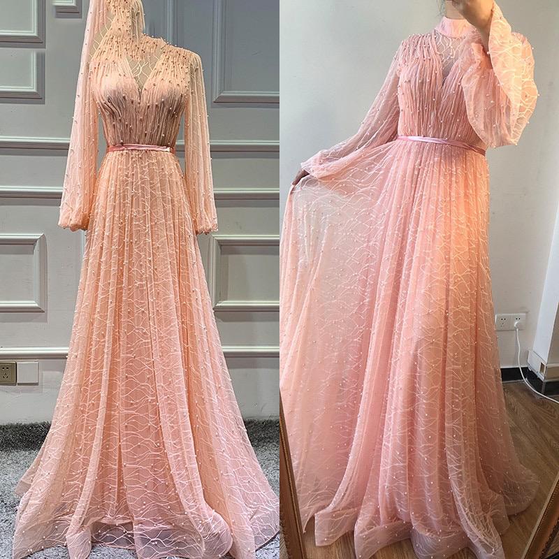 Black Peach Pearls Beach Tulle Prom - THEGIRLSOUTFITS