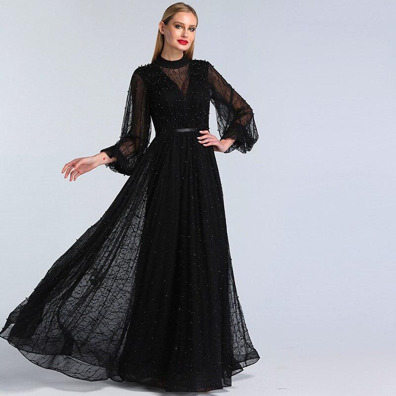 Black Peach Pearls Beach Tulle Prom - THEGIRLSOUTFITS