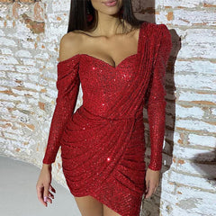 Sequined One Shoulder Ruched - THEGIRLSOUTFITS